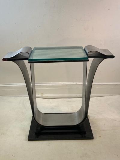 Jay Spectre ART DECO REVIVAL MODERNIST STEEL GLASS WOOD COSOLE TABLE BY JAY SPECTRE