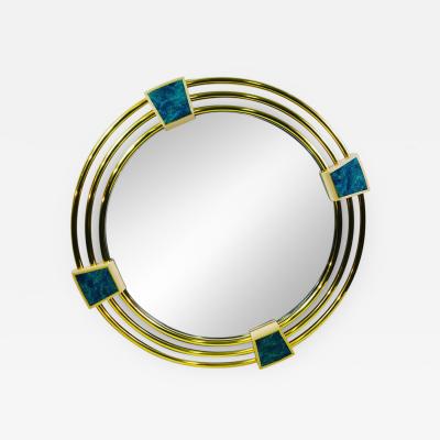 Jay Spectre MONUMENTAL MODERN TRIPLE BRASS RING MIRROR WITH LAPIS LAZULI ENAMEL MIRROR