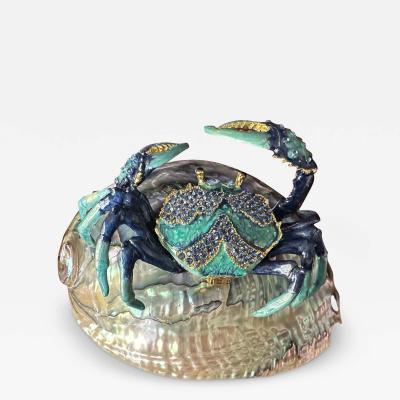 Jay Strongwater Enameled Crab Sculpture with Rhinestones on Abalone Shell