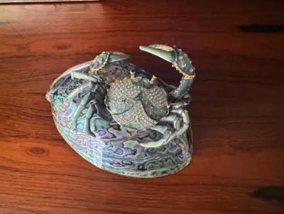 Jay Strongwater Jeweled Enameled Crab Paperweight on Abalone Shell