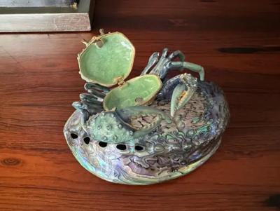 Jay Strongwater Jeweled Enameled Crab Paperweight on Abalone Shell