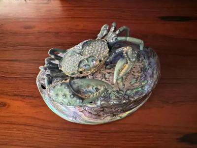 Jay Strongwater Jeweled Enameled Crab Paperweight on Abalone Shell