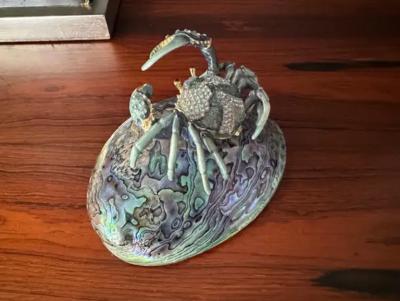 Jay Strongwater Jeweled Enameled Crab Paperweight on Abalone Shell