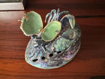 Jay Strongwater Jeweled Enameled Crab Paperweight on Abalone Shell
