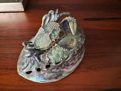 Jay Strongwater Jeweled Enameled Crab Paperweight on Abalone Shell