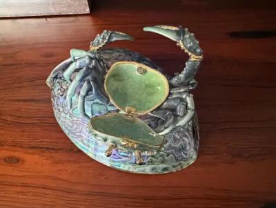 Jay Strongwater Jeweled Enameled Crab Paperweight on Abalone Shell