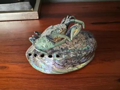 Jay Strongwater Jeweled Enameled Crab Paperweight on Abalone Shell