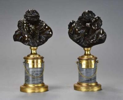 Jean Antoine Houdon Pair of miniature bronze figures of Le Baiser Donne Le Baiser Rendu 
