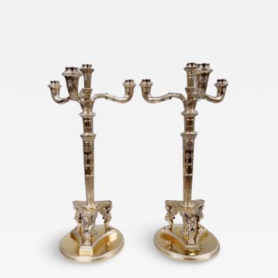 Jean Baptiste Claude Odiot Pair of Odiot Belle Epoque Empire Silver Gilt 4 Light Candelabra