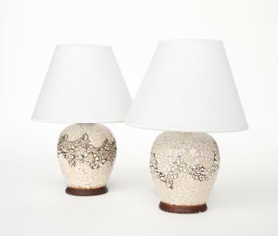Jean Besnard Pair Jean Besnard Small Off White Crackle Lamps signed dated Besnard 1951