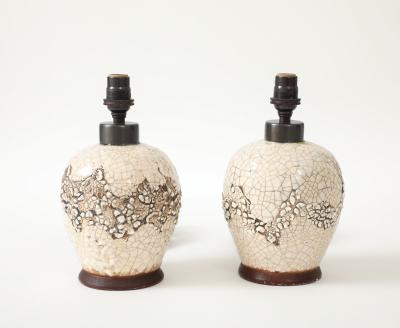 Jean Besnard Pair Jean Besnard Small Off White Crackle Lamps signed dated Besnard 1951
