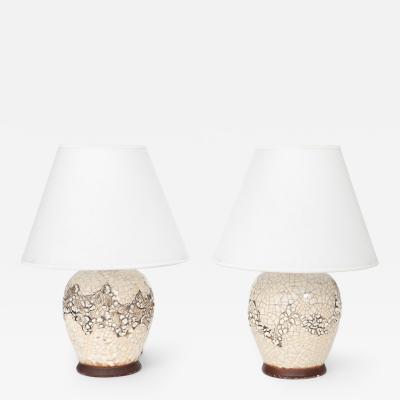 Jean Besnard Pair Jean Besnard Small Off White Crackle Lamps signed dated Besnard 1951