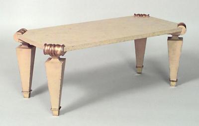 Jean Charles Moreux French 1940s Rectangular Ormolu Travertine Marble Coffee Table