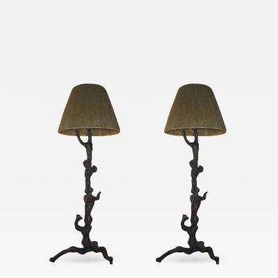 Jean Charles Moreux Pair Rare French Mid Century Primitivist Standing Lamps in Manner of Moreux