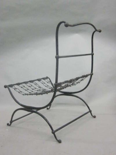 Jean Charles Moreux Rare Pair of French Hammered Iron and Chain Lounge Chairs by Jean Charles Moreux