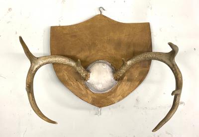 Jean Charles Moreux Set 3 French Alps Gilt Shield Mounted Antlers attr Jean Charles Moreux c 1935