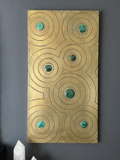 Jean Claude Dresse Engraved Brass and Malachite Wall Sculpture Artwork