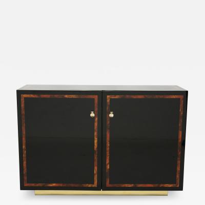 Jean Claude Mahey Black lacquer burl wood brass cabinet sideboard by J C Mahey 1970s