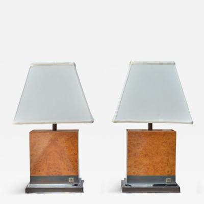 Jean Claude Mahey Burl Wood Chrome Table Lamps France 1960s