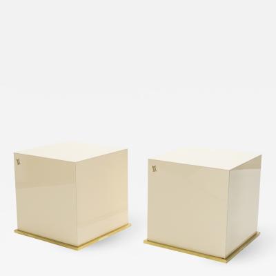 Jean Claude Mahey J C Mahey lacquer and brass cube end tables 1970s