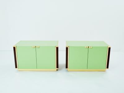 Jean Claude Mahey J C Mahey pair of small green lacquer and brass cabinets 1970s