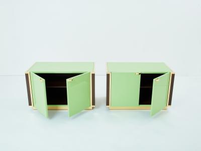 Jean Claude Mahey J C Mahey pair of small green lacquer and brass cabinets 1970s