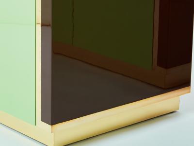 Jean Claude Mahey J C Mahey pair of small green lacquer and brass cabinets 1970s