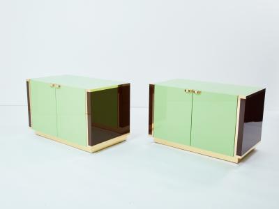 Jean Claude Mahey J C Mahey pair of small green lacquer and brass cabinets 1970s