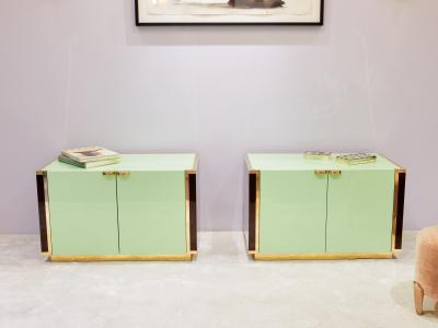 Jean Claude Mahey J C Mahey pair of small green lacquer and brass cabinets 1970s
