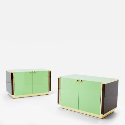 Jean Claude Mahey J C Mahey pair of small green lacquer and brass cabinets 1970s