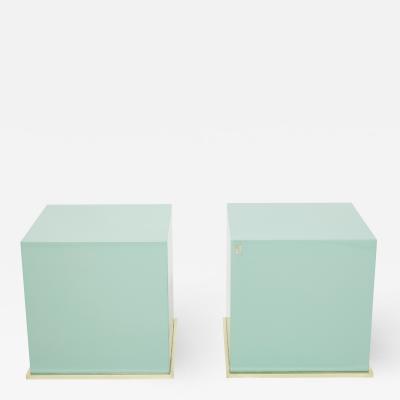 Jean Claude Mahey J C Mahey turquoise blue lacquer and brass cube end tables 1970s