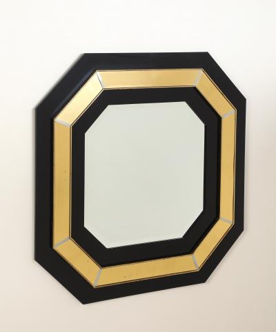 Jean Claude Mahey Jean Claude Mahey Octagonal Black Lacquered Brass Wall Mirror circa 1970