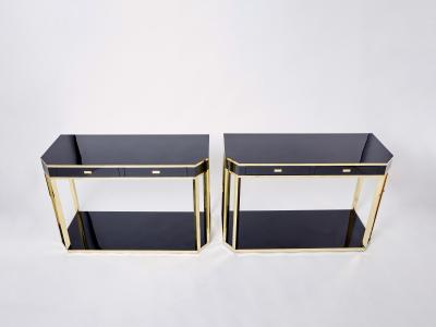 Jean Claude Mahey Pair of Jean Claude Mahey black lacquered brass console tables 1970s