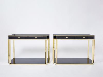 Jean Claude Mahey Pair of Jean Claude Mahey black lacquered brass console tables 1970s