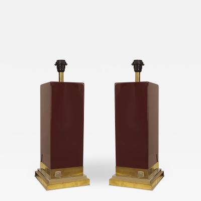 Jean Claude Mahey Pair of Post War Design Dark Maroon Lacquer Lamps