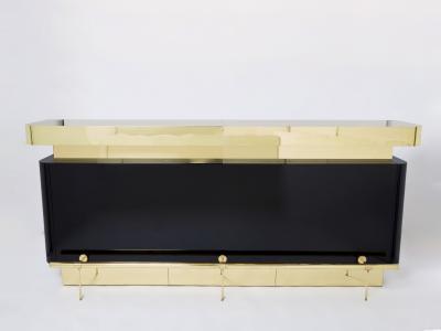 Jean Claude Mahey Unique J C Mahey black lacquered brass bar cabinet counter 1970s