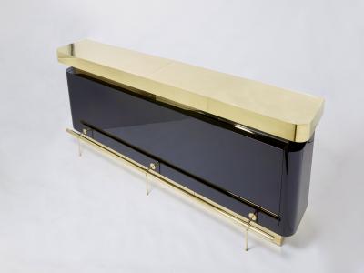 Jean Claude Mahey Unique J C Mahey black lacquered brass bar cabinet counter 1970s