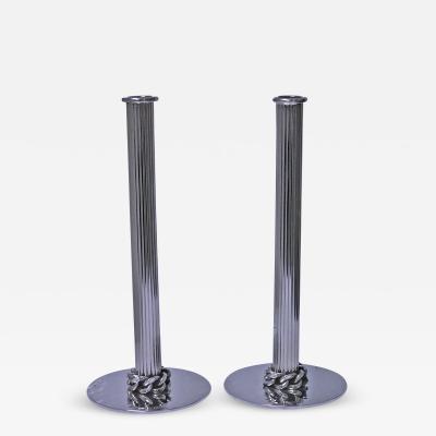 Jean Despr s Pair of Silvered Metal Candlesticks Signed C 1950