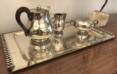 Jean Despres Jean Despres Stamped Superb Big Tea Set in Hammered Silvered Tin
