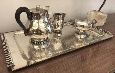 Jean Despres Jean Despres Stamped Superb Big Tea Set in Hammered Silvered Tin
