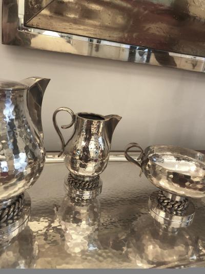 Jean Despres Jean Despres Stamped Superb Big Tea Set in Hammered Silvered Tin