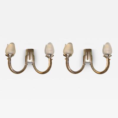 Jean Despres Pair of Signed Jean Despr s Sconces Silver Plate with Gilt Chainlink Detail