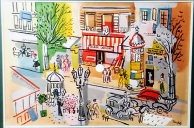 Jean Dufy Mosaic of a Jean Dufy Paris Street Scene Watercolor c 1960