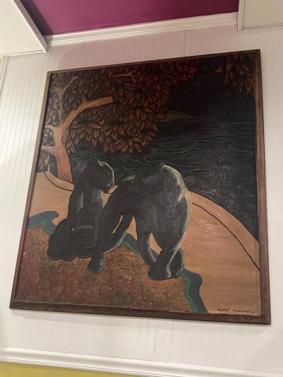 Jean Dunand FANTASTICAL ART DECO BLACK PANTHERS STAR GAZING ON BEACH PAINTING JEAN DUNAND