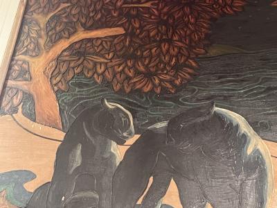 Jean Dunand FANTASTICAL ART DECO BLACK PANTHERS STAR GAZING ON BEACH PAINTING JEAN DUNAND