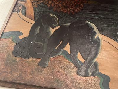 Jean Dunand FANTASTICAL ART DECO BLACK PANTHERS STAR GAZING ON BEACH PAINTING JEAN DUNAND