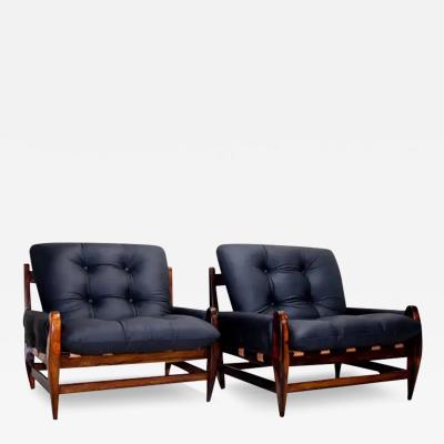 Jean Gillon Brazilian Modern Armchairs in Hardwood Black Leather Jean Gillon 1960