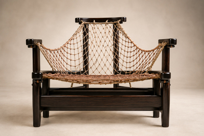 Jean Gillon Jangada Lounge Chair with Ottoman in Brazilian Wood Leather by Jean Gillon