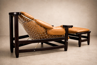 Jean Gillon Jangada Lounge Chair with Ottoman in Brazilian Wood Leather by Jean Gillon