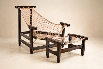 Jean Gillon Jangada Lounge Chair with Ottoman in Brazilian Wood Leather by Jean Gillon